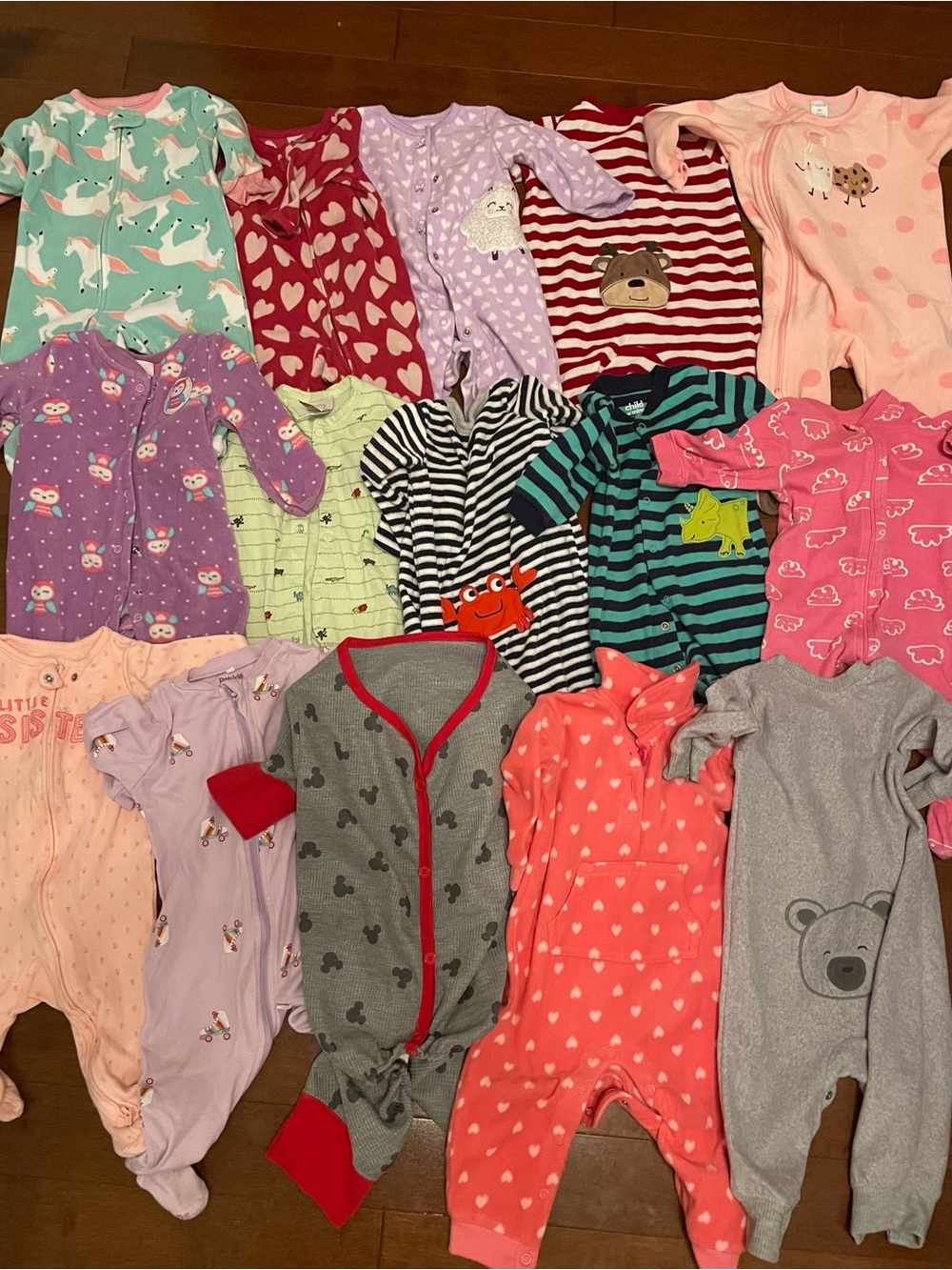Lot 15 pcs.Assorted Baby One-Piece Sleepers, Mixed size 3-9m